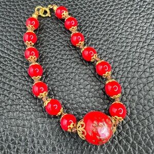 Vintage Red Venetian Wedding Cake Glass Bead Bracelet 7”